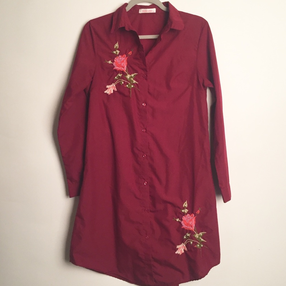 Hatun Atila embroidered wine shirt dress EUC M